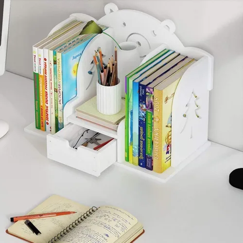 Vista 4 de Estantería pequeña para niños, estantería de escritorio de madera con cajón, organizador de escritorio, organizador de escritorio, estante