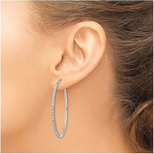 Vista 4 de Aretes tipo argolla grandes en oro blanco de 14 K (1 34 pulgadas) con detalles de diamantes