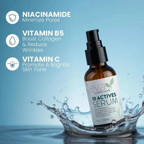 Vista 7 de Eva Naturals Suero 10 Actives – Vitamina C, niacinamida, ácido hialurónico, cúrcuma, CoQ10 – Suero facial antienvejecimiento natural para manchas