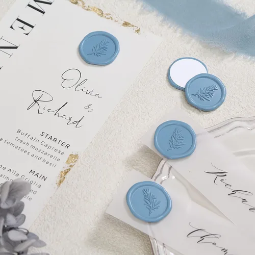 Vista 3 de UNIQOOO Calcomanías de sello de cera, calcomanías de sello de invitación de boda de romero, 100 calcomanías autoadhesivas azul polvoriento
