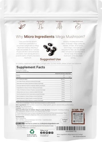 Vista 2 de Suplemento de mega hongos 240 cápsulas blandas con aceite MCT para una mejor absorción Complejo definitivo 10 en 1 con chaga, melena de león