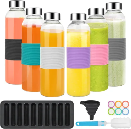 Vista 10 de PROBTTL Botellas de vidrio para jugo de 18 onzas con tapas, botellas de agua de vidrio transparente recargables con tapas herméticas de acero