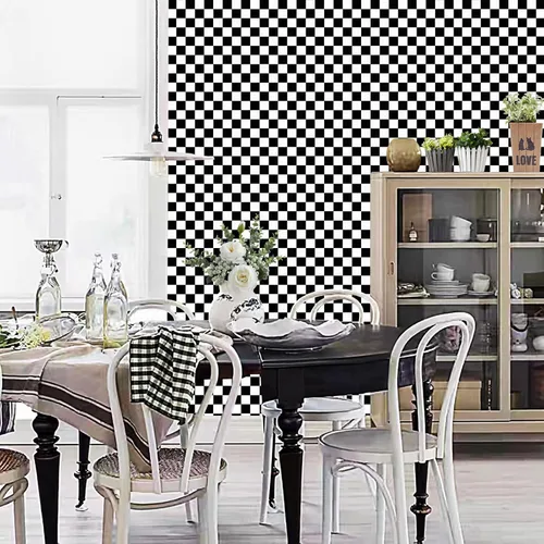 Vista 6 de Papel Adhesivo en Contacto Blanco y Negro en Mosaico a Cuadros, Papel Pintado Desmontable y Autoadhesivo en Lattice, Vinilo Impermeable en Rollo
