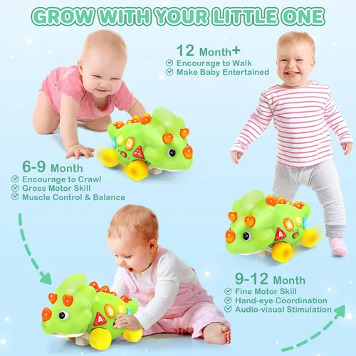 Vista 5 de Juguetes Musicales de Dinosaurio para Bebés de 1 Año - Juguetes con Luz para Tiempo Boca Abajo para Recién Nacidos, Juguetes de Gateo para Niños
