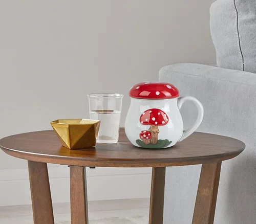 Vista 5 de Bonita taza de hongo con tapa, taza grande de cerámica para café y té, regalo divertido para mujeres