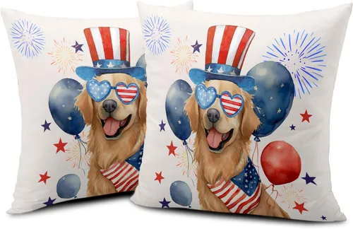 Vista 52 de Juego de 2 fundas de almohada patrióticas para exteriores, diseño de estrellas azules del 4 de julio, 16 x 16 pulgadas, fundas de almohada