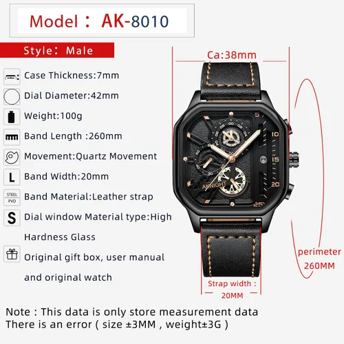 Vista 5 de BY BENYAR AKNIGHT Men's Square Watches with Black Leather Strap, Chronograph Function, Stylish Business Watch, Waterproof Luminous Casual Wrist