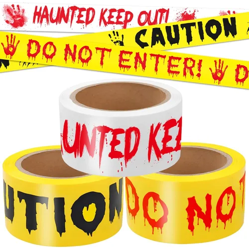 Vista 10 de Cinta de precaución para decoración de Halloween, HAUNTED KEEP OUT rollo de precaución sangriento blanco de escena del crimen de 2 pulgadas x 82