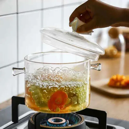 Vista 5 de GANAZONO Olla de cocina de vidrio con tapa, resistente al calor, olla de vidrio de borosilicato, olla de doble asa para cocina casera, cocina