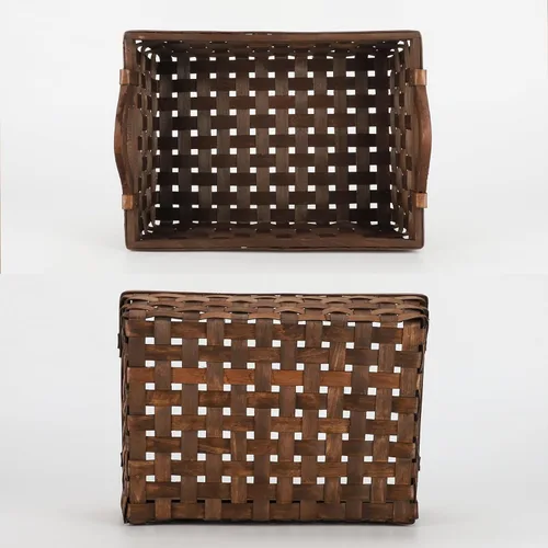 Vista 3 de Cesta rectangular de mimbre, bandeja de almacenamiento de madera tejida con asas para pan de regalo (marrón oscuro)