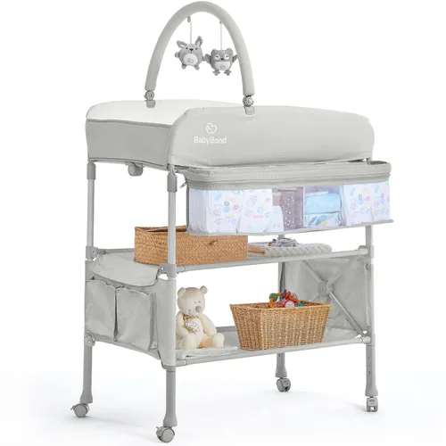 Vista 8 de BabyBond Cambiador portátil para bebé con 2 cestas de almacenamiento, cambiador plegable cómoda cambiador de pañales, estación de cambio ajustable