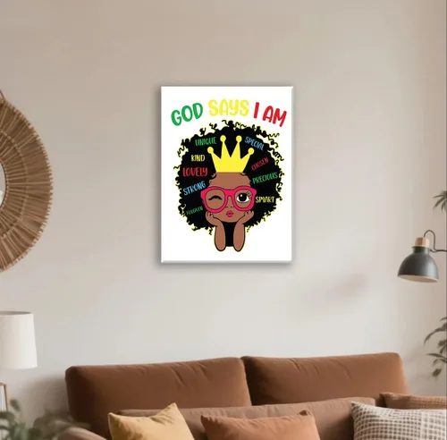 Vista 2 de Redland Art Decoración de Pared Motivacional para Niñas Negras en Lienzo Enmarcado Arte Cristiano Inspirador “Dios Dice Que Soy Yo” 29x37 cm