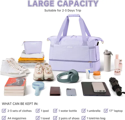 Vista 2 de Bolsa de viaje para mujer y hombre, púrpura, (E-Purple), Bolsa de fin de semana con puerto de carga USB