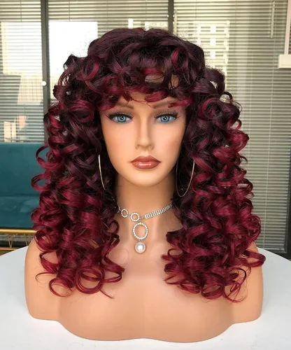Vista 15 de Pelucas afro rizadas para mujeres negras, peluca larga y rizada con flequillo, fibra sintética esponjosa, sin pegamento, para cosplay y uso diario