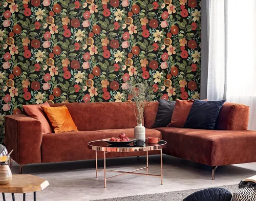 Vista 2 de NextWall Garden Dance Floral - Papel tapiz para despegar y pegar (negro azabache y rubí)