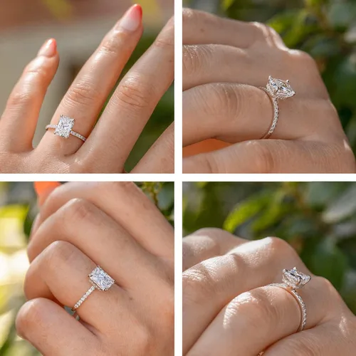 Vista 5 de Anillos de compromiso de moissanita de corte esmeralda de 3 quilates, color D, VVS1, claridad brillante, anillos de moissanita radiante