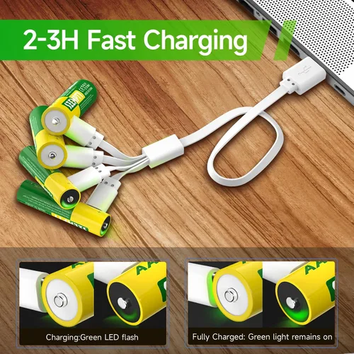 Vista 3 de Paquete combinado de baterías recargables AA y AAA, 1.5 V USB-C de litio doble A 3400 mWh y triple A de 900 mWh con cable 4 en 1 de carga rápida