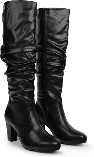Vista 5 de Hawkwell Botas altas hasta el muslo de tacón alto negro y blanco para mujer, tacón grueso, cremallera lateral, botas altas hasta la rodilla