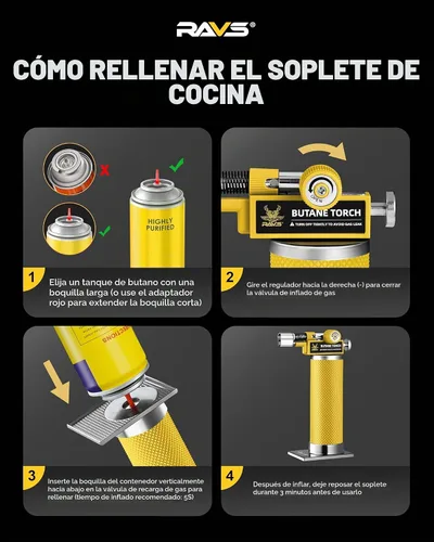 Vista 8 de RAVS Encendedor de butano con 2 modos de llama, soplete de cocina recargable con llama ajustable y hebilla de seguridad, antorcha de joyería Amarillo