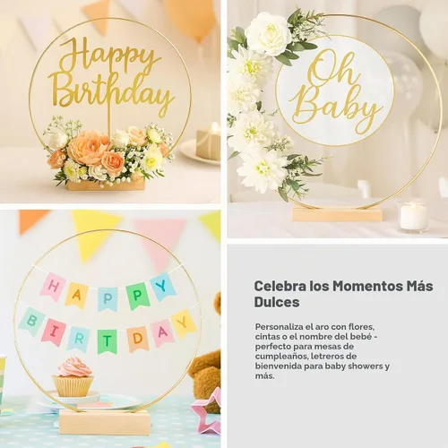 Vista 7 de Paquete de 10 aros florales con soporte de madera de 10 pulgadas, anillos de metal para centros de mesa de bricolaje, decoraciones de mesa Dorado