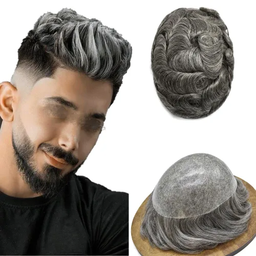 Vista 58 de PU Toupee para hombres pieza de pelo real sistema de reemplazo de cabello humano para hombres Toupee pieza de pelo para hombres piel polivinílica