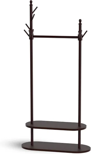 Vista 8 de Perchero de dos niveles independiente, fácil de montar, 8 ganchos, perchero de madera con almacenamiento para zapatos, árbol de abrigo resistente