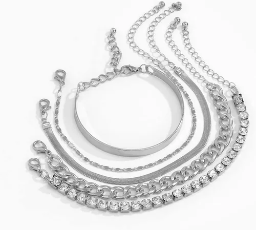 Vista 3 de fxmimior Juego de 5 pulseras apilables de cadena dorada y plata con diamantes de imitación para mujer, con cuentas ajustables, cadena de cable plano