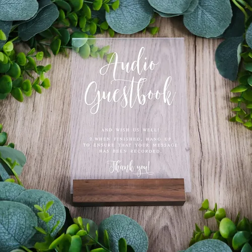 Vista 3 de Letrero de libro de invitados de audio para boda con soporte de madera - 5" x 7" aspecto de cristal transparente, letrero de libro de invitados