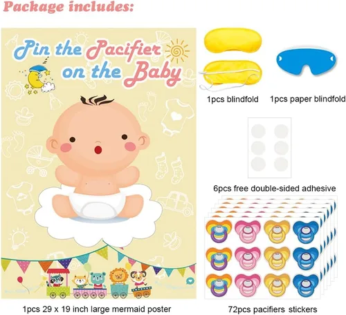 Vista 5 de Hxezoc Pin The Pacifier On The Baby Game - Póster grande para fiesta de baby shower, suministros de fiesta de cumpleaños para niños, 72 calcomanías