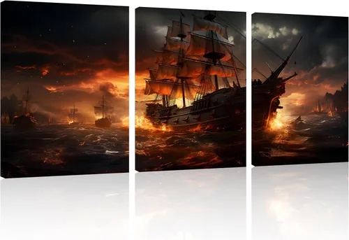 Vista 28 de TutuBeer 3 Piezas Arte de Pared Batalla Naval Barco Imagen Barco Pirata Velero Póster Barco Pirata Azul en Llamas Imagen Impresa en Lienzo Póster