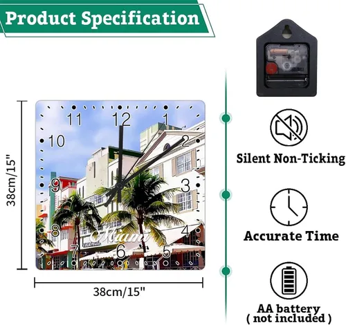 Vista 6 de Miami Landscape Wooden Wall Clock Florida USA Cityscape Travel Square Clocks Decorative Clocks Battery Operated 15 Inch Non-Ticking Modern Living