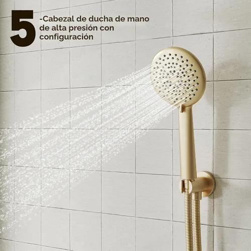 Vista 4 de Gabrylly Sistema de cabezal de ducha dorado, juego de grifo de ducha con válvula de ducha de equilibrio de presión, cabezales de ducha de 10 Oro