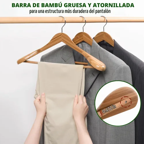 Vista 4 de Amber Home Paquete de 6 Perchas de Traje de Madera de Bambú Natural de Hombros Anchos, Perchas de Ropa de Bambú con Barra para Pantalones, Perchas