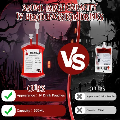 Vista 4 de 100 bolsas desechables grandes de 16 pulgadas, 10 bolsas de sangre de Halloween para bebidas