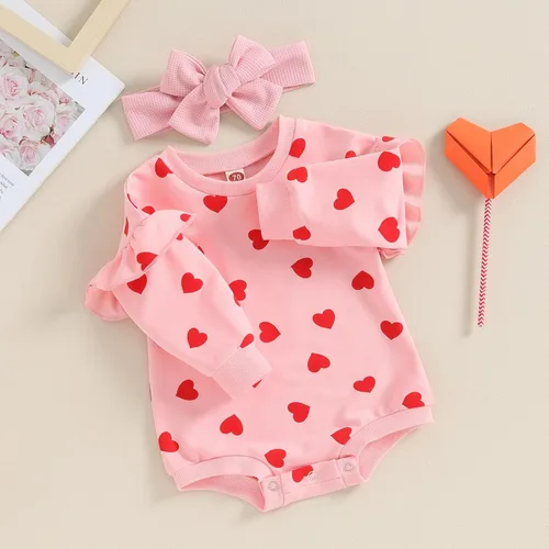 Vista 112 de SOLILOQUY Traje de manga larga con cuello redondo para el primer día de San Valentín para bebé niño y niña, mameluco de corazón de amor