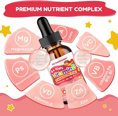 Vista 8 de Vitamin B Complex for Kids with B1, B6, B9, B12 & Magnesium, Super Greens, Kids B Complex Supplement for Brain Support, Energy & Focus, Digestive