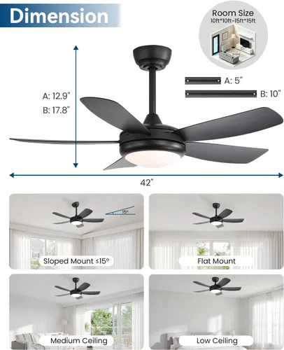 Vista 8 de Sofucor Ventiladores de techo de 42 pulgadas con luces, moderno ventilador de techo negro para dormitorio pequeño con control remoto, cuchillas