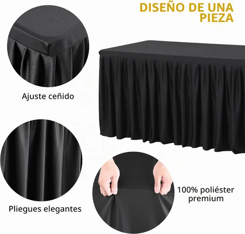 Vista 2 de Manteles de poliéster negro para mesas rectangulares de 4 pies, funda de mesa ajustada sin arrugas de 4 pies con falda para fiestas, bodas