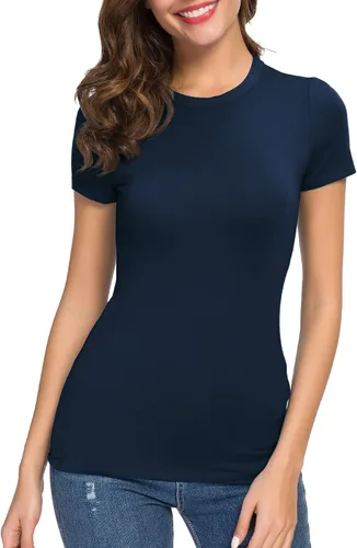 Vista 4 de Camiseta entallada de mujer con cuello redondo y manga corta, prenda básica elástica y ajustada.