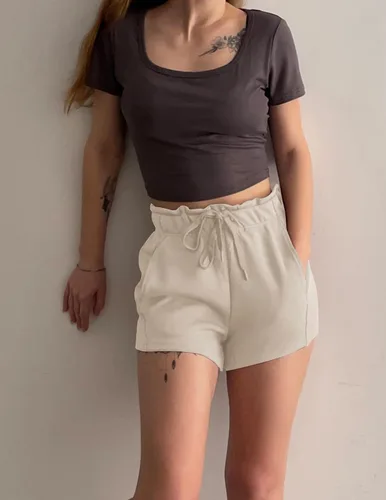 Vista 5 de PINSPARK Pantalones cortos deportivos para mujer, cintura alta, con cordón, pantalones cortos de entrenamiento de verano, suaves, casuales