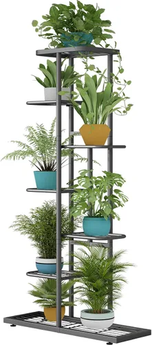 Vista 19 de LINZINAR Soporte de metal para plantas de 4 niveles y 5 macetas, estante múltiple para macetas para interiores y exteriores, unidad de estantería