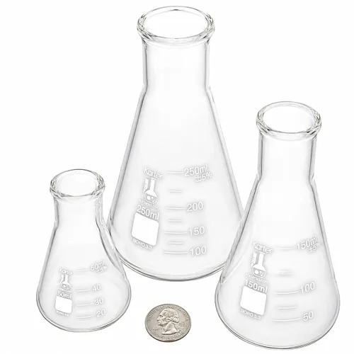 Vista 2 de Juego de matraz de vidrio Erlenmeyer - 3 tamaños de 50, 150 y 250 ml, Karter Scientific