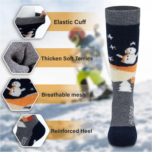 Vista 6 de Hylaea Calcetines de esquí de lana merino para niños, calcetines térmicos cálidos hasta la rodilla para patinaje de snowboard para niños y niñas