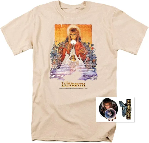 Vista 2 de Popfunk Camiseta y calcomanías clásicas de la película Labyrinth David Bowie Goblin King, Blanco sucio