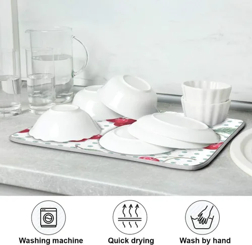 Vista 7 de Tapete de secado de platos con diseño de lunares de cereza y acuarela, para encimeras de cocina, fregaderos, tapete de secado absorbente resistente