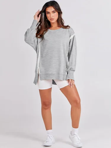 Vista 7 de ANRABESS Sudadera de gran tamaño para mujer, cuello redondo, manga larga, casual, con abertura, sin botones, ropa de otoño