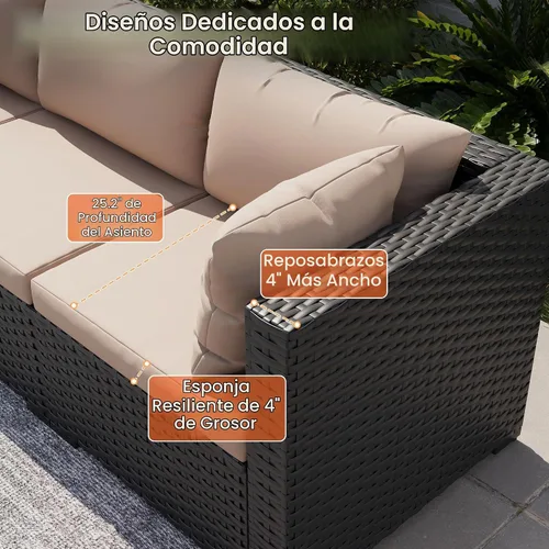 Vista 4 de Juego de muebles de patio, sofá seccional de mimbre para exteriores Beige/Negro
