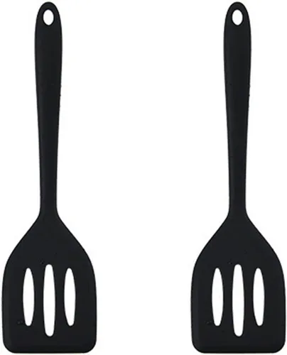 Vista 7 de Juego de 2 espátulas pequeñas de silicona, antiadherentes, con ranuras, resistentes a altas temperaturas para pescados, huevos, tortitas y más Negro