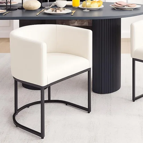 Vista 16 de HNY Silla de comedor moderna de mediados de siglo tapizada en forma de barril, negra, con brazos, silla de cocina y comedor de cuero, silla auxiliar