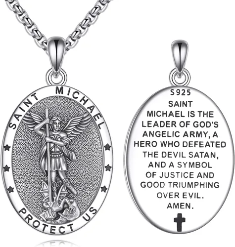 Vista 29 de Collar de Santo Patrón Plata de Ley 925 Colgante Medallón Amuleto Ovalado con Cadena de 22+2 Pulgadas Regalo de Joyería para Hombres y Mujeres